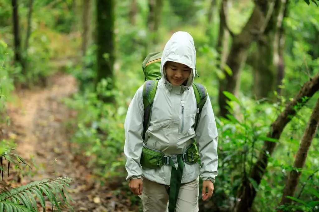 Woman backpacker hiking in spring forest