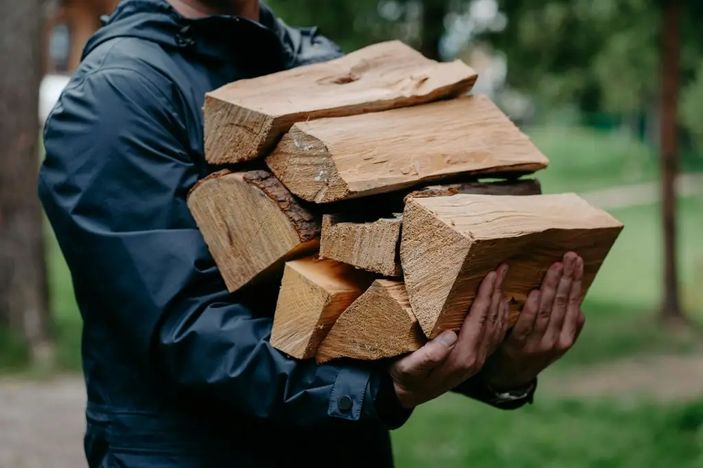 Faceless man in black jacket carries pile of firewood poses against blurred forest background.